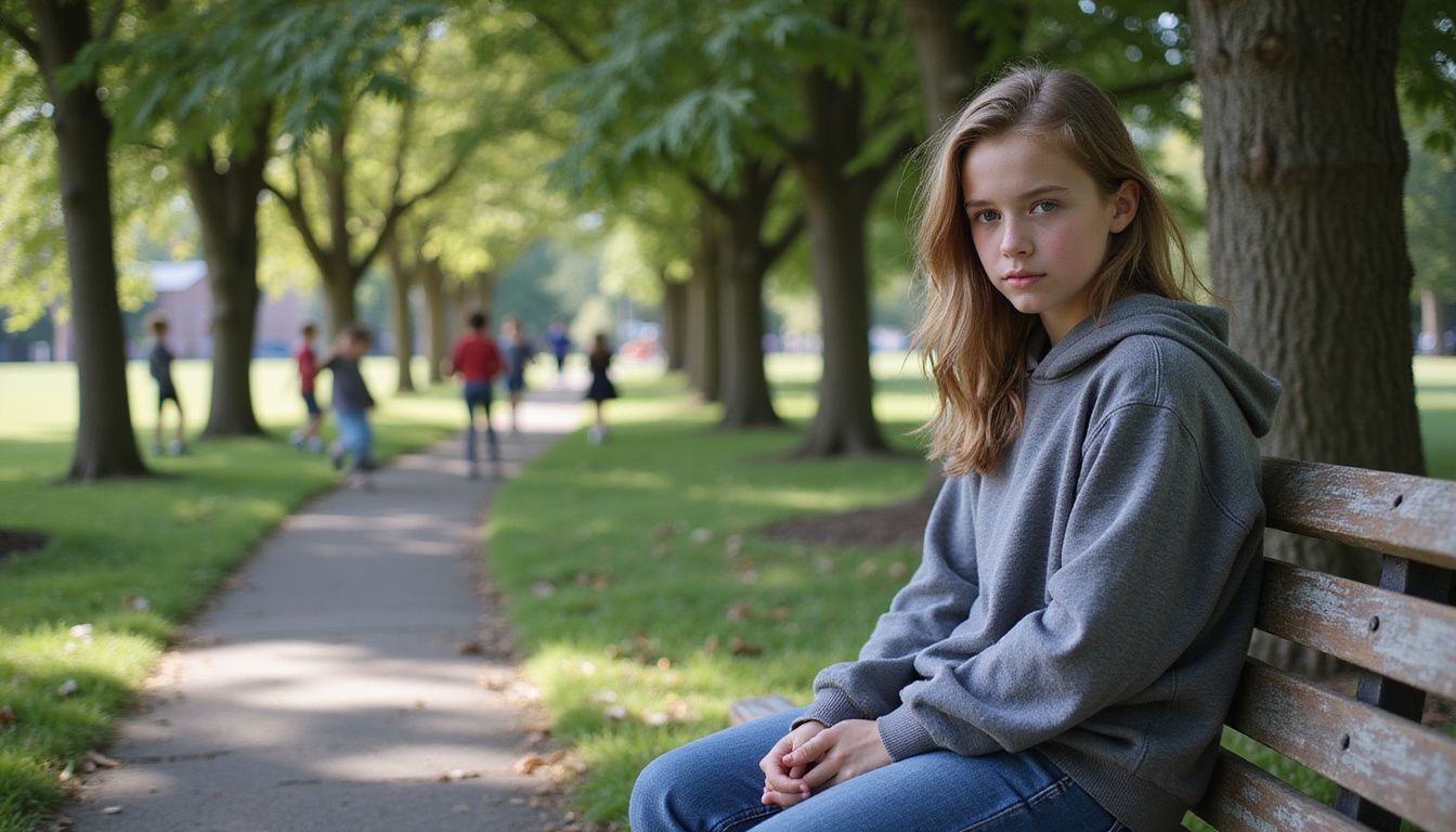 A 14-year-old girl sits alone on a park bench, looking somber amidst playful children. A 14-year-old girl sits alone on a park bench, looking somber amidst playful children.