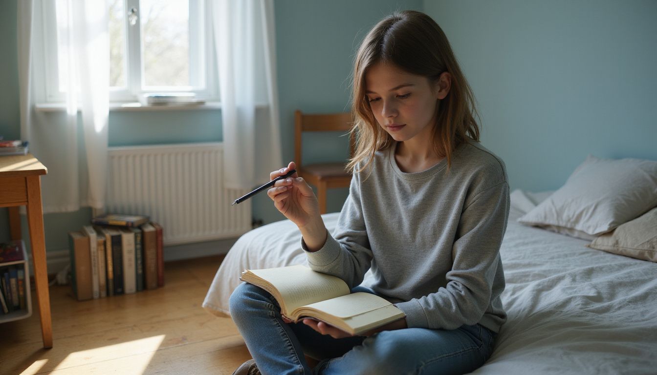 A teenage girl sits on her bed, journaling in a cozy, sunlit bedroom. A teenage girl sits on her bed, journaling in a cozy, sunlit bedroom.