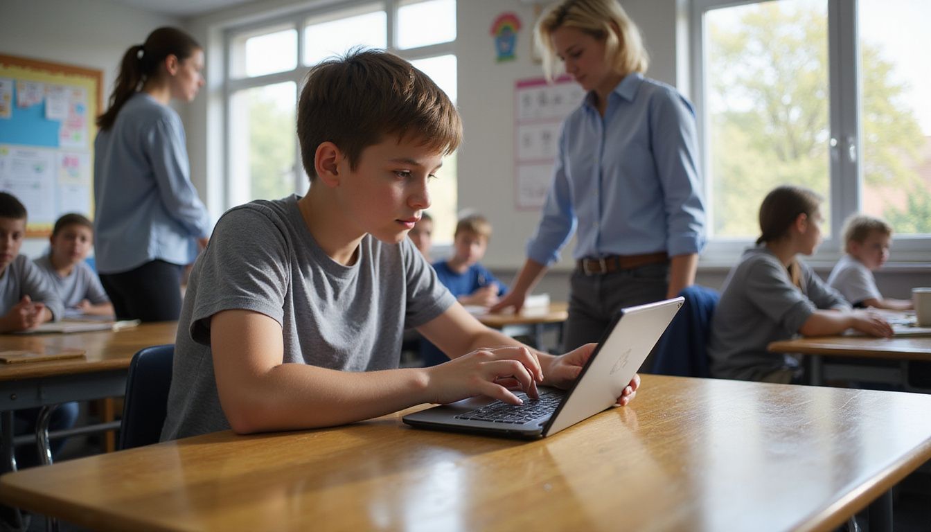 A middle school student uses a school tablet in a well-lit classroom, supported by a calm teacher. A middle school student uses a school tablet in a well-lit classroom, supported by a calm teacher.