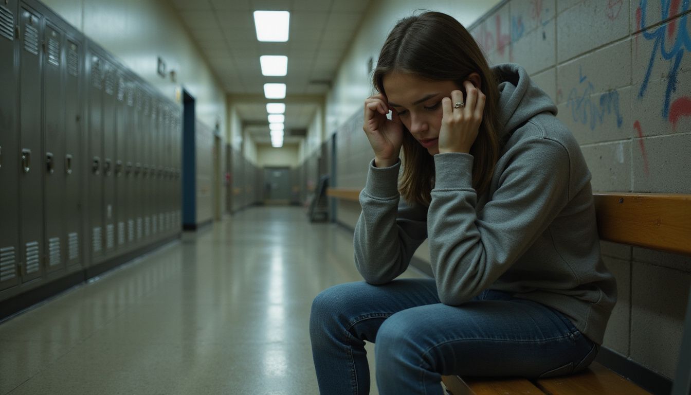 A teenage girl sits alone on a school bench, looking stressed and sad. A teenage girl sits alone on a school bench, looking stressed and sad.