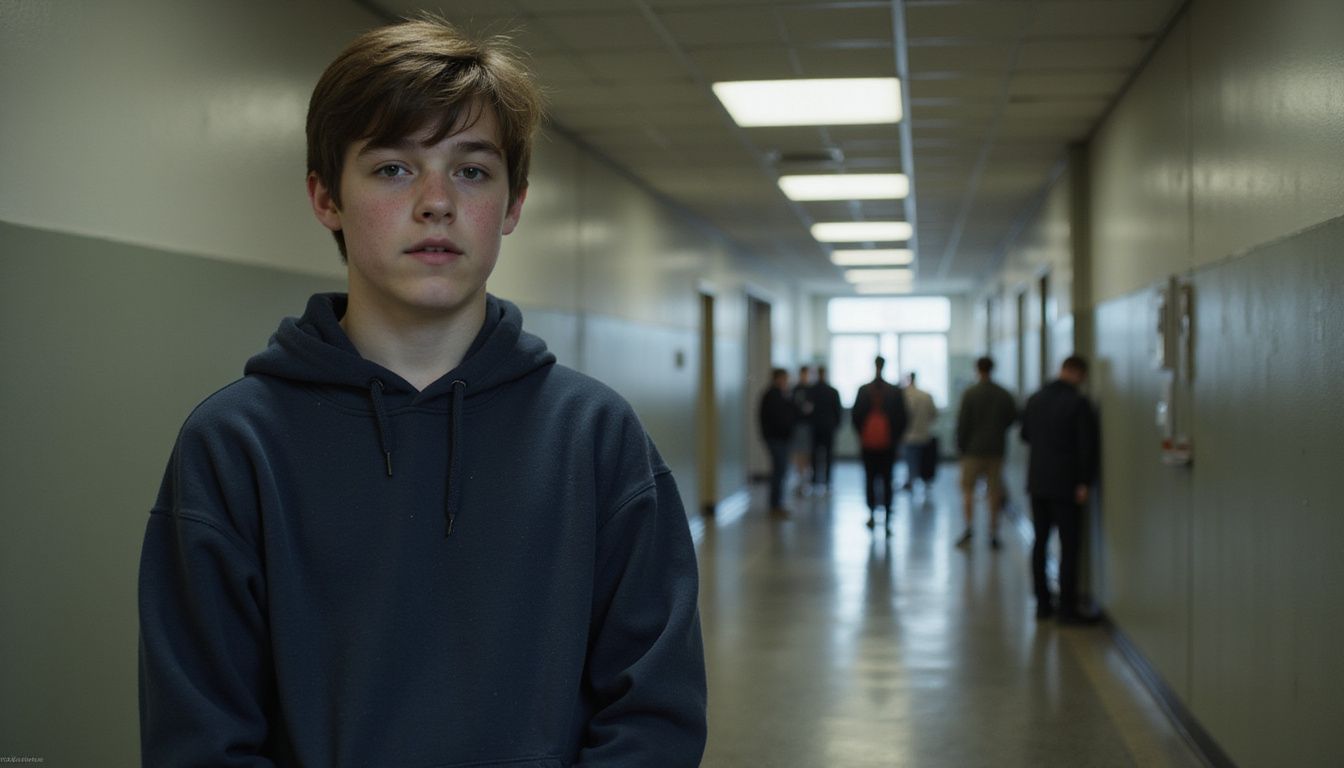 A middle school-aged boy stands alone in a dimly lit school hallway, looking distressed. A middle school-aged boy stands alone in a dimly lit school hallway, looking distressed.