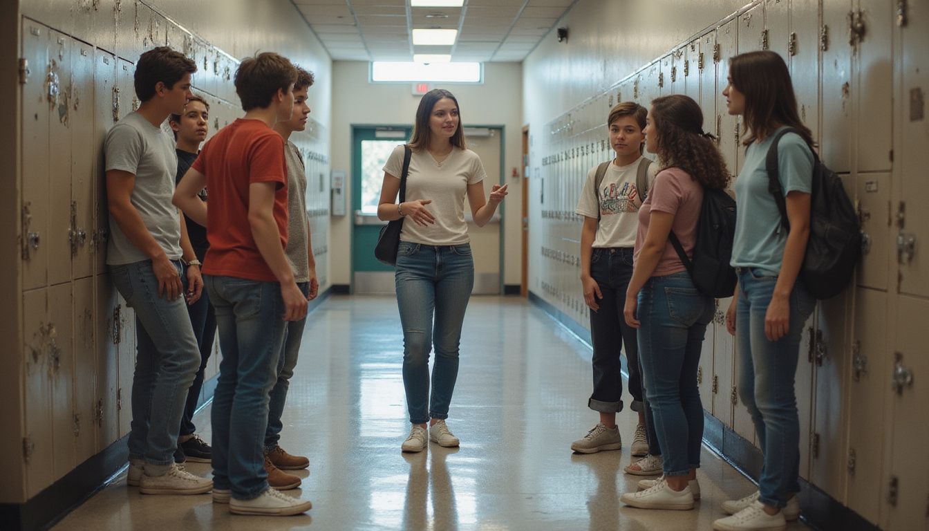 Middle school students stand in a crowded hallway discussing anti-bullying measures with authenticity. Middle school students stand in a crowded hallway discussing anti-bullying measures with authenticity.