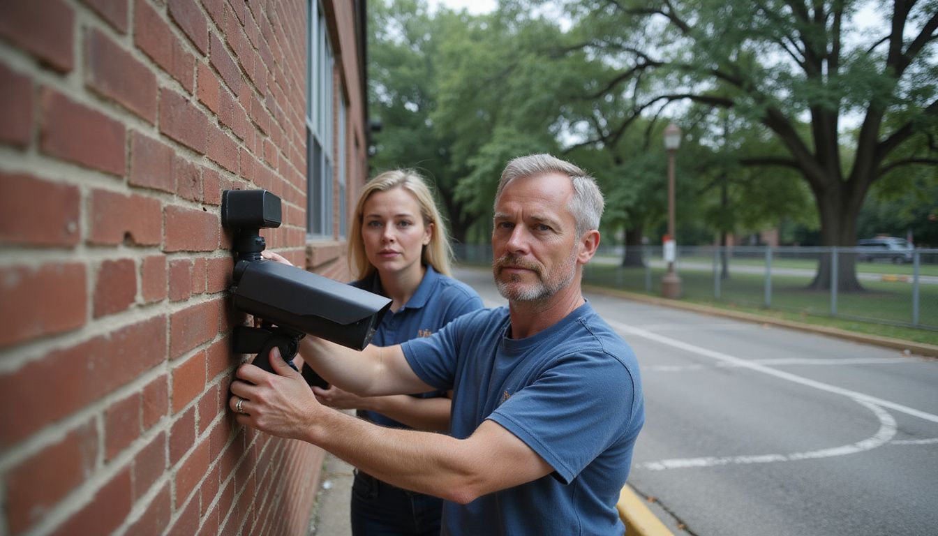 Two workers installing surveillance camera on school building for student safety. Two workers installing surveillance camera on school building for student safety.