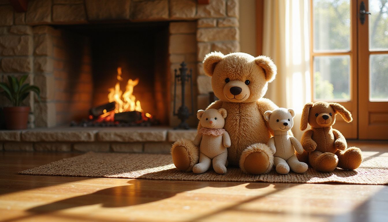 A cozy living room with a flickering fireplace and a circle of well-loved stuffed animals. A cozy living room with a flickering fireplace and a circle of well-loved stuffed animals.