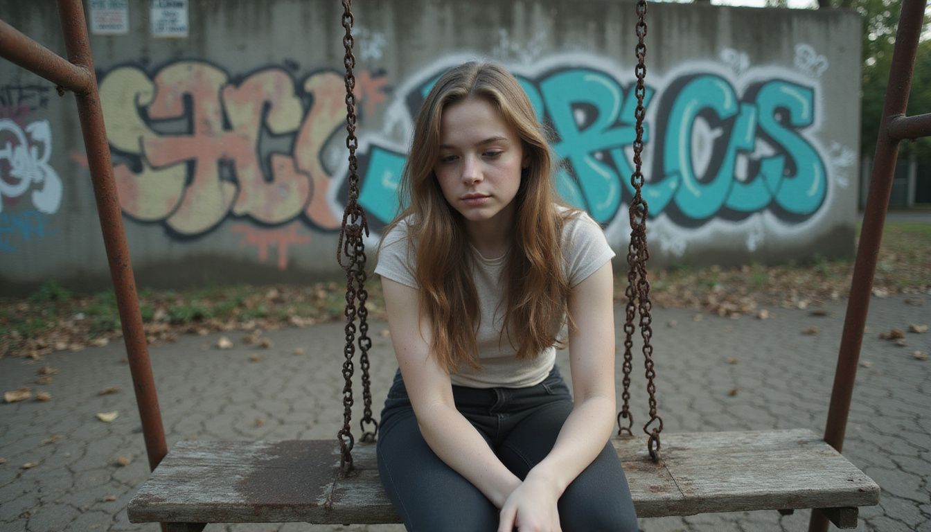 A teenage girl sits alone on a weathered bench in a desolate schoolyard, exuding a sense of quiet sadness and isolation. A teenage girl sits alone on a weathered bench in a desolate schoolyard, exuding a sense of quiet sadness and isolation.