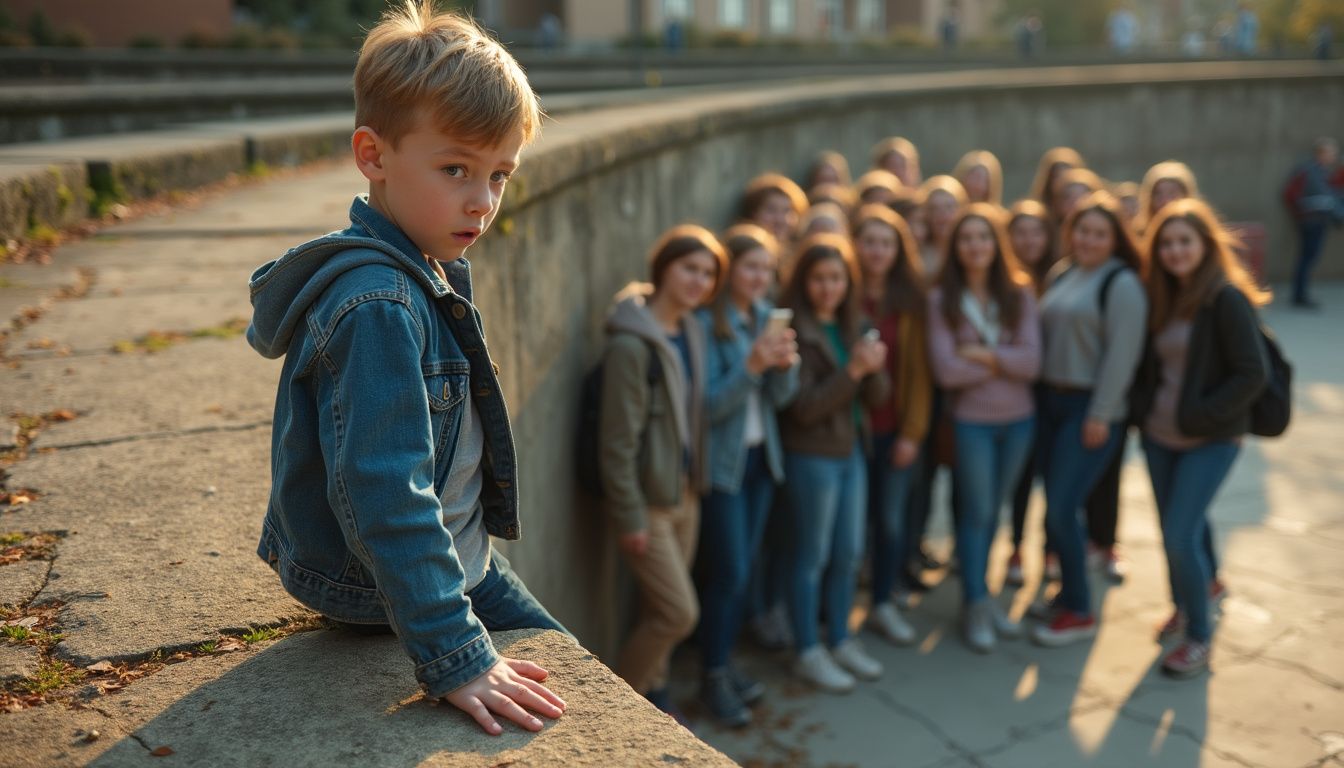 A scared teenage boy stands on a stone wall while friends below record his fear. A scared teenage boy stands on a stone wall while friends below record his fear.
