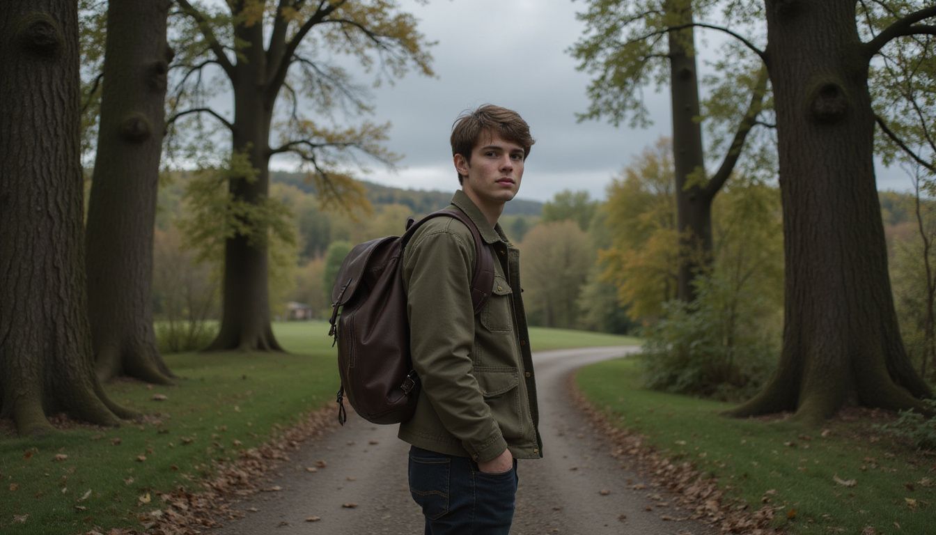 A teenage boy stands alone on a forest path, wearing a worn jacket and carrying a leather backpack. A teenage boy stands alone on a forest path, wearing a worn jacket and carrying a leather backpack.