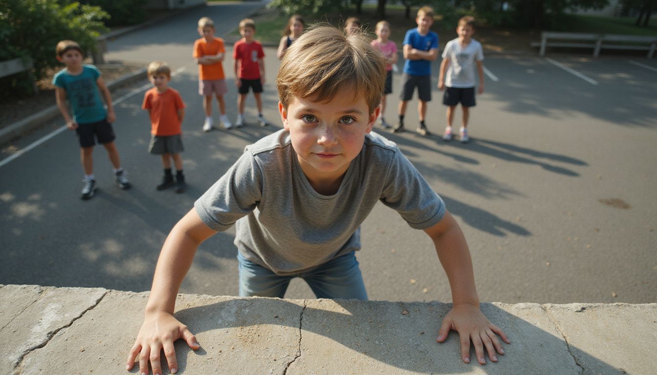 A young boy stands nervously on a concrete ledge as other children mock him. A young boy stands nervously on a concrete ledge as other children mock him.