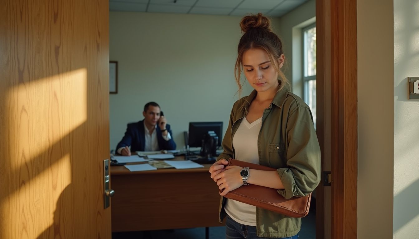 An anxious woman waits outside the principal's office to address a bullying issue. An anxious woman waits outside the principal's office to address a bullying issue.
