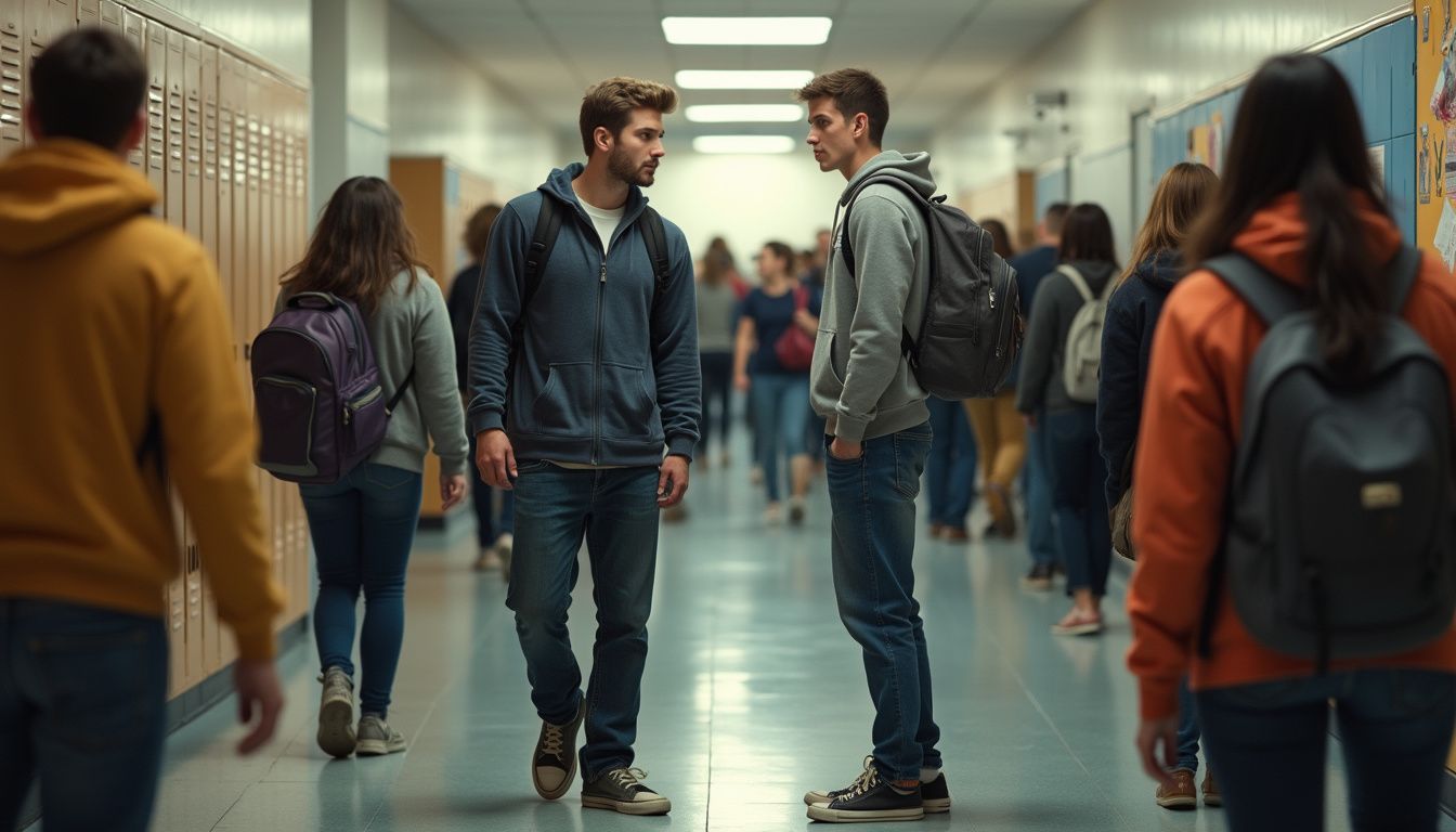 A high school hallway is filled with students, with two boys in the center showing signs of confrontation and anxiety. A high school hallway is filled with students, with two boys in the center showing signs of confrontation and anxiety.
