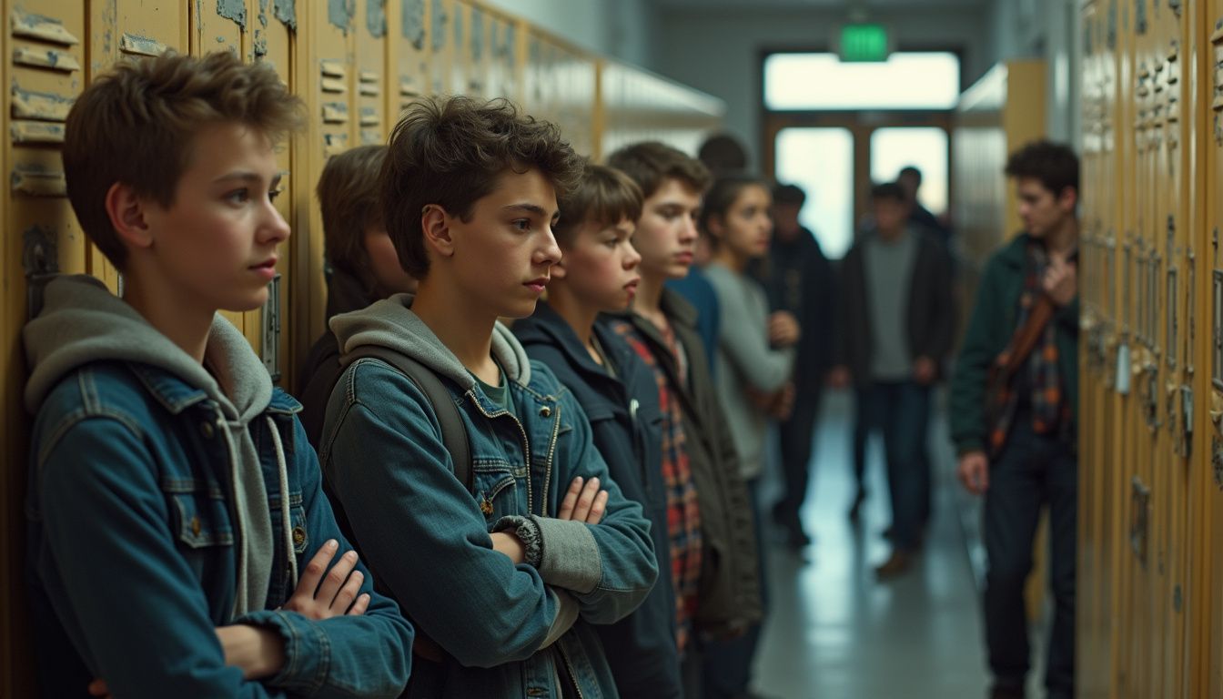 A group of teenagers in a crowded school hallway display tense body language and subdued expressions, reflecting the palpable unease and fear of witnessing bullying. A group of teenagers in a crowded school hallway display tense body language and subdued expressions, reflecting the palpable unease and fear of witnessing bullying.