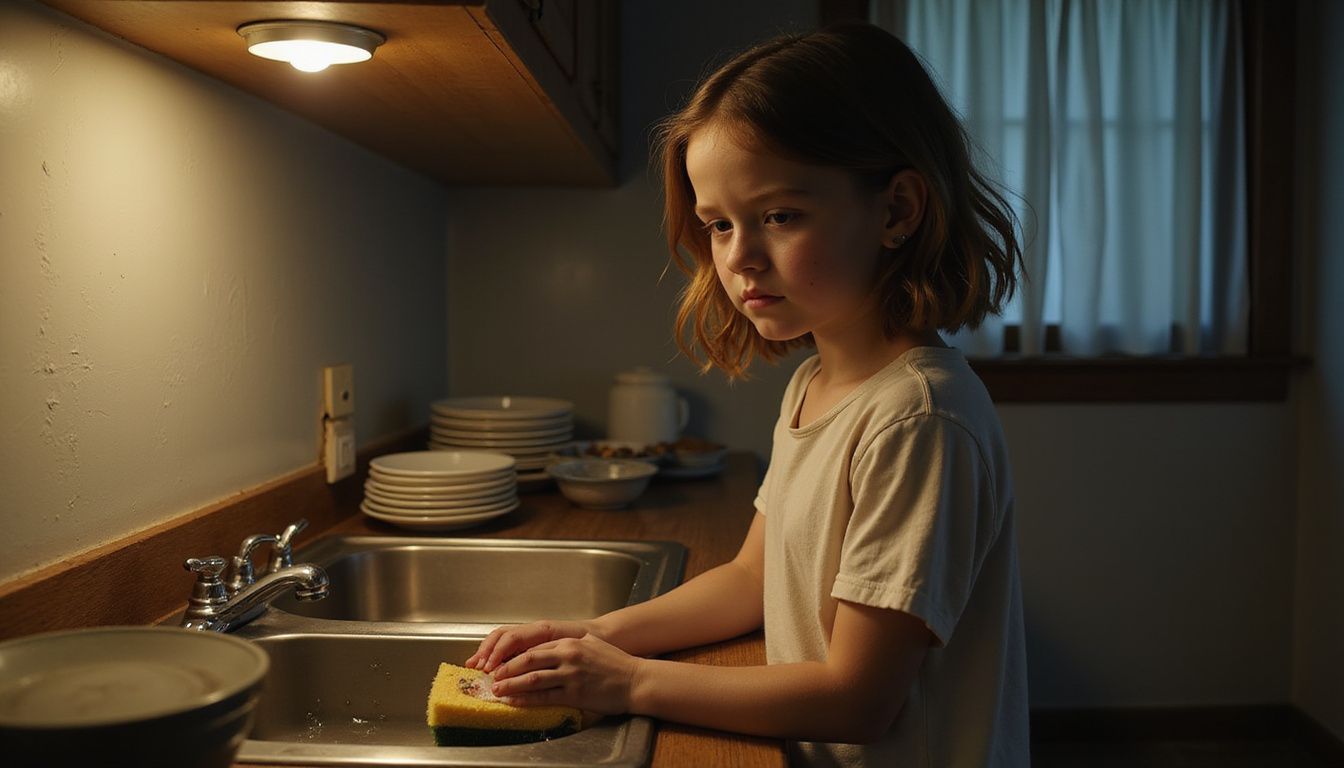 A tired 12-year-old girl is reluctantly washing dishes in a dimly lit kitchen late at night. A tired 12-year-old girl is reluctantly washing dishes in a dimly lit kitchen late at night.