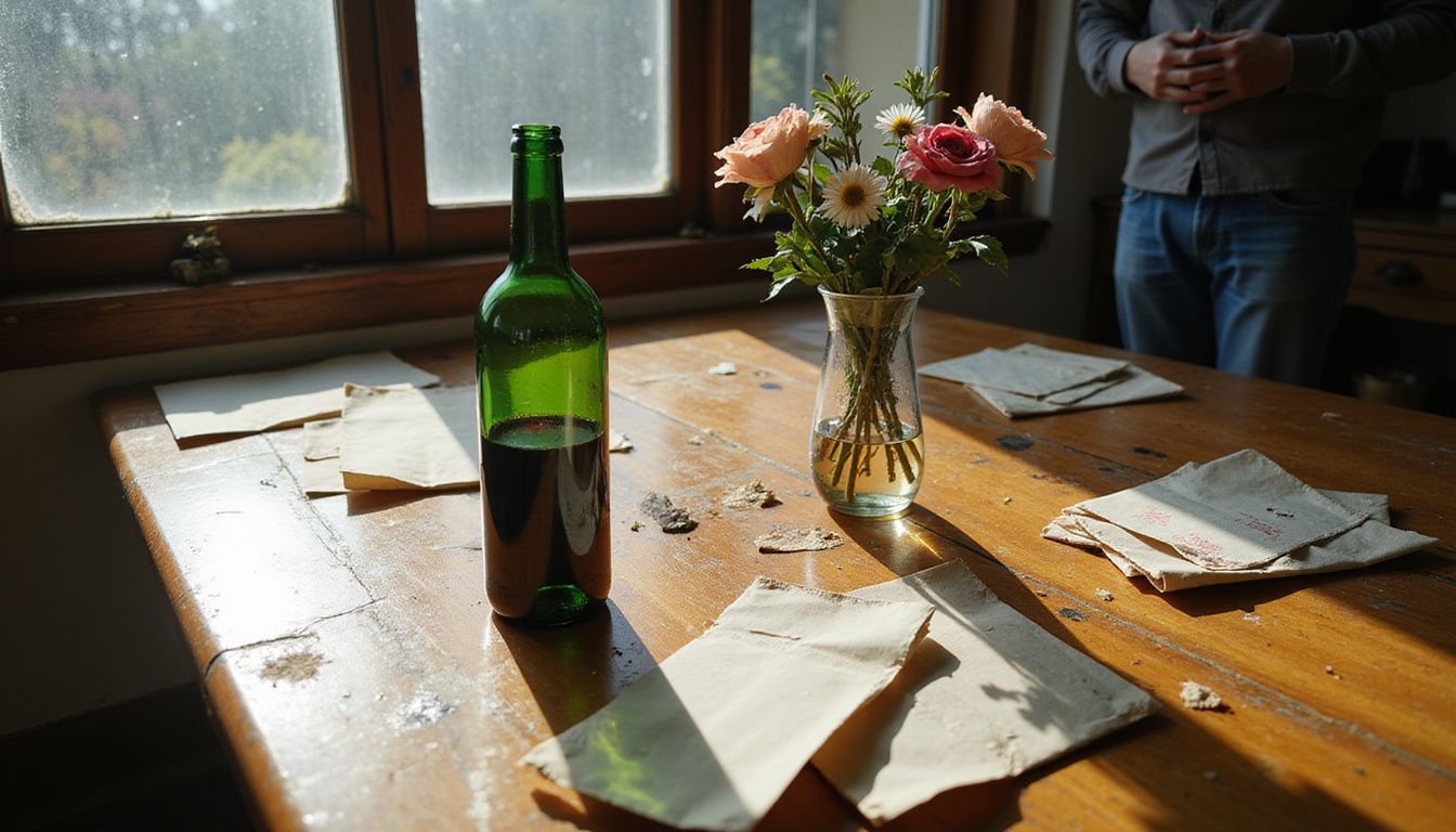 A cluttered kitchen table with unopened mail, a bottle of wine, wilted flowers, and a couples therapy pamphlet. A cluttered kitchen table with unopened mail, a bottle of wine, wilted flowers, and a couples therapy pamphlet.