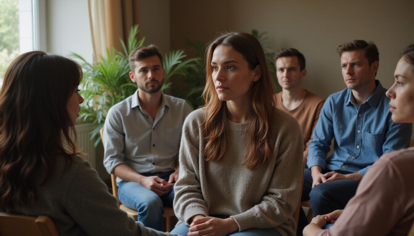 A woman in a support group sits attentively, ready to speak, surrounded by diverse participants in an intimate, warm environment. A woman in a support group sits attentively, ready to speak, surrounded by diverse participants in an intimate, warm environment.