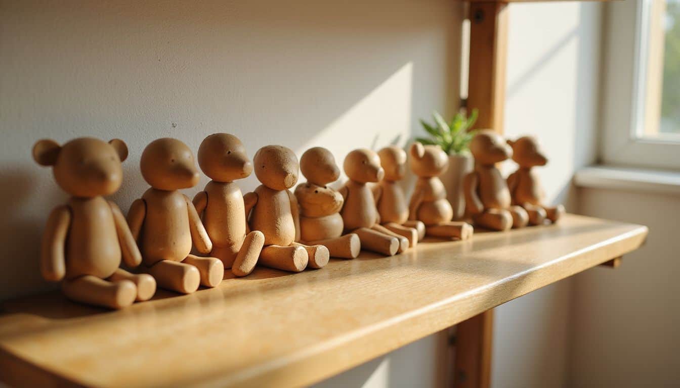 A meticulously arranged shelf of toys in a sunlit child's bedroom captured in a high-resolution photograph. A meticulously arranged shelf of toys in a sunlit child's bedroom captured in a high-resolution photograph.