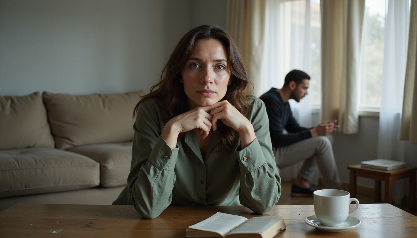 A woman in her 30s sits on a sofa, looking troubled, while a friend is nearby. A woman in her 30s sits on a sofa, looking troubled, while a friend is nearby.