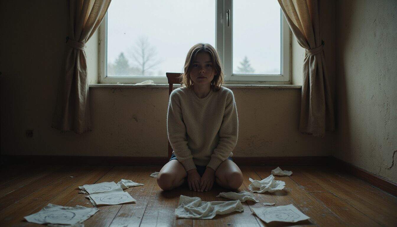 A teenage girl sits alone by a window in a dimly lit room, surrounded by crumpled paper and tissues. A teenage girl sits alone by a window in a dimly lit room, surrounded by crumpled paper and tissues.