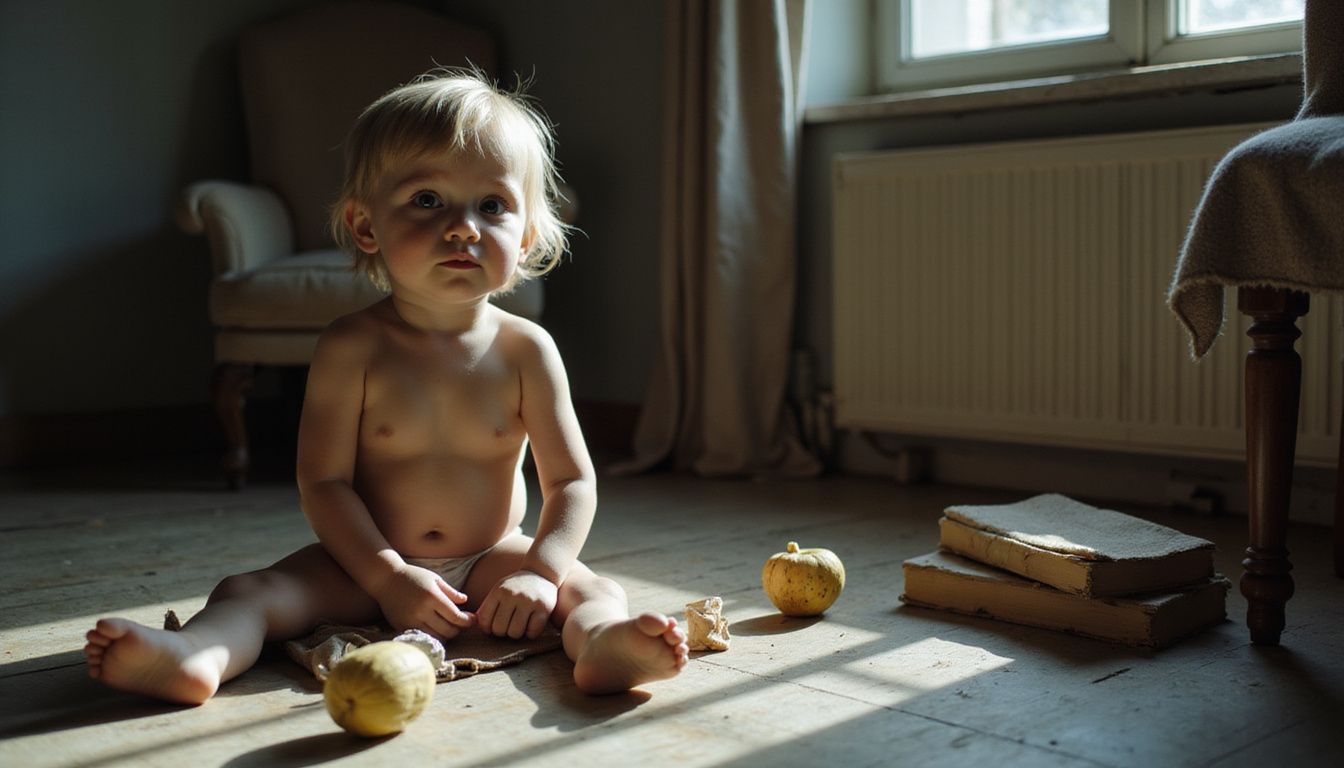 A young child sits on a worn wooden floor surrounded by neglected toys and books. A young child sits on a worn wooden floor surrounded by neglected toys and books.