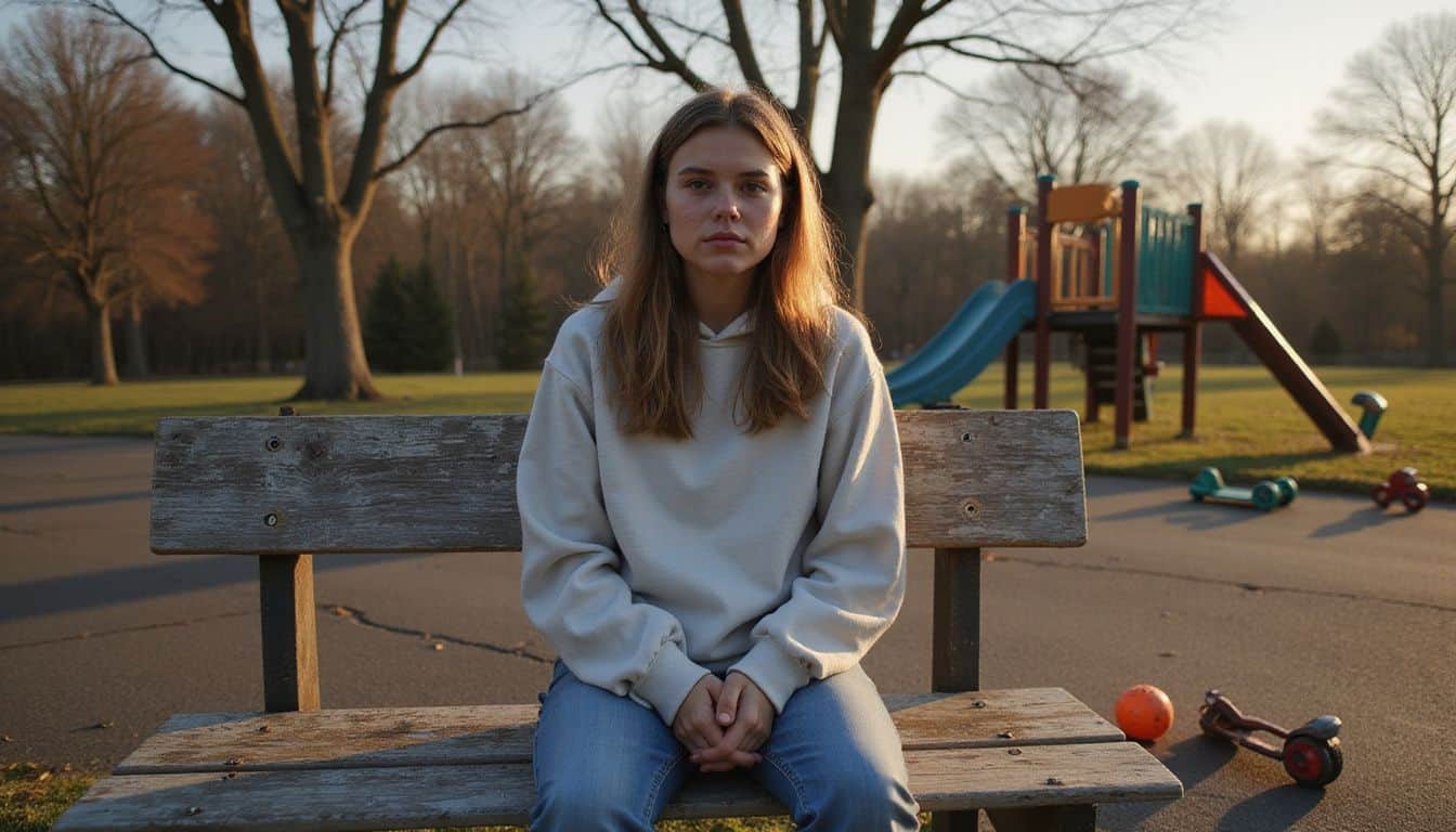 A teenage girl sits alone on a weathered park bench in a quiet playground, deep in contemplation. A teenage girl sits alone on a weathered park bench in a quiet playground, deep in contemplation.