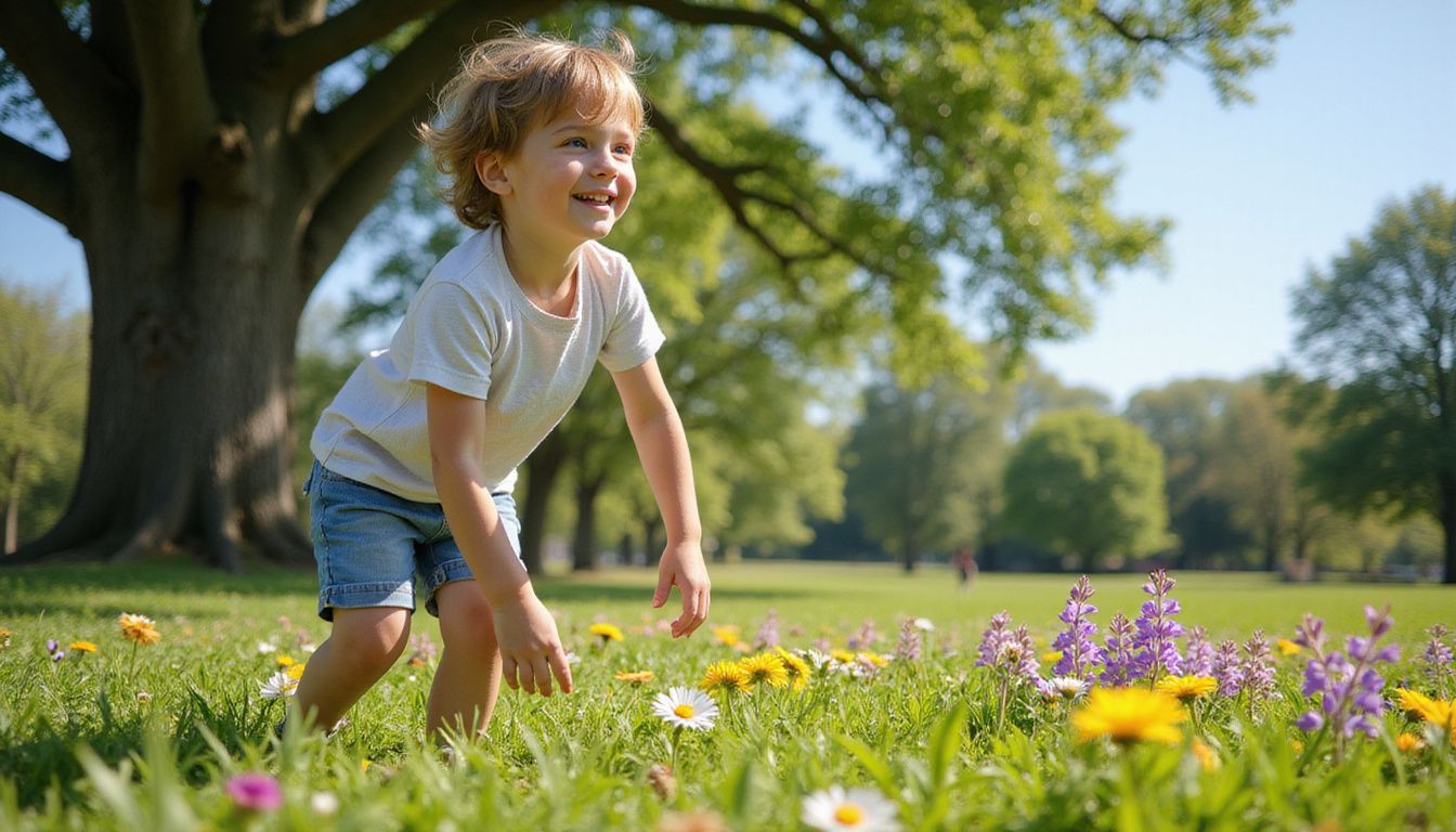 A 7-year-old child plays happily in a sunlit park, surrounded by nature's beauty. A 7-year-old child plays happily in a sunlit park, surrounded by nature's beauty.