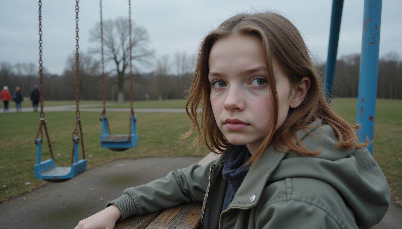 A young girl sits on a weathered park bench, watching children play on a cloudy day. A young girl sits on a weathered park bench, watching children play on a cloudy day.