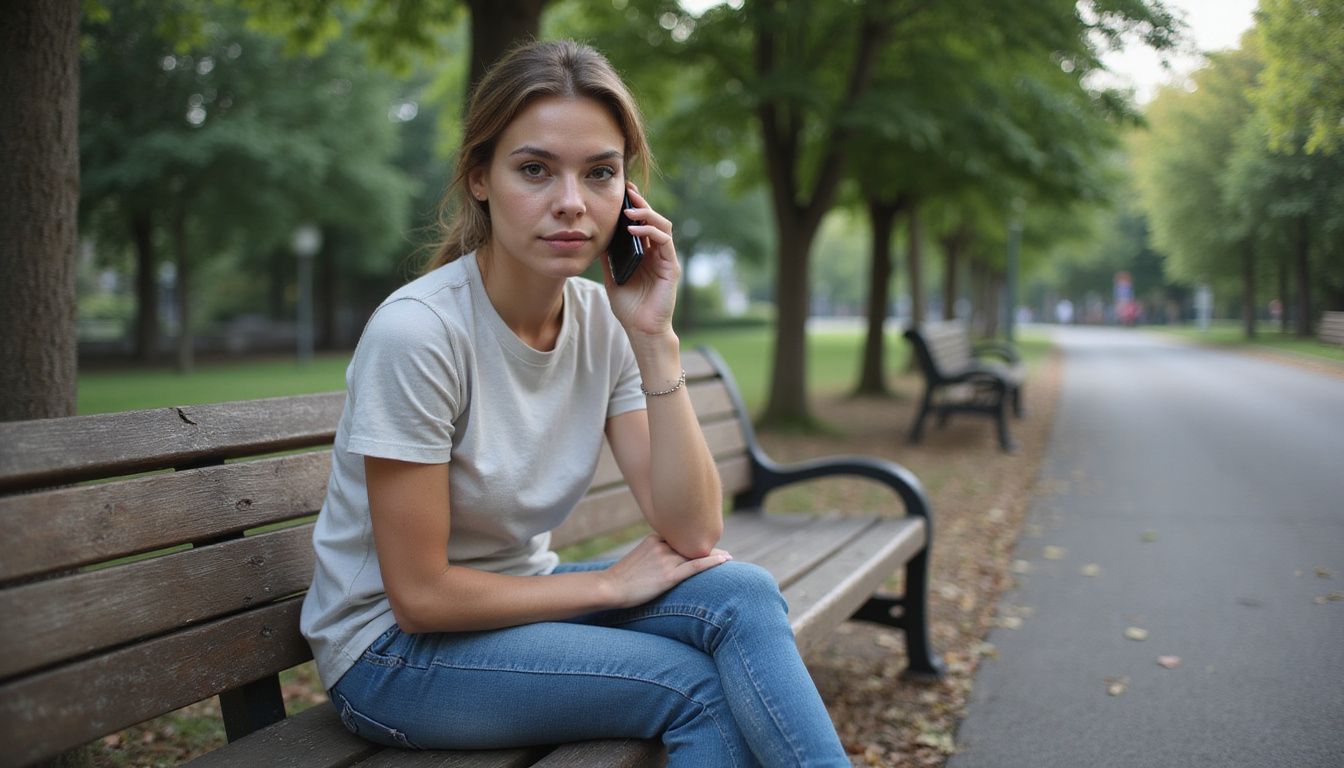 A woman in her 30s sits alone on a wooden bench in a quiet urban park, holding a smartphone to her ear. A woman in her 30s sits alone on a wooden bench in a quiet urban park, holding a smartphone to her ear.