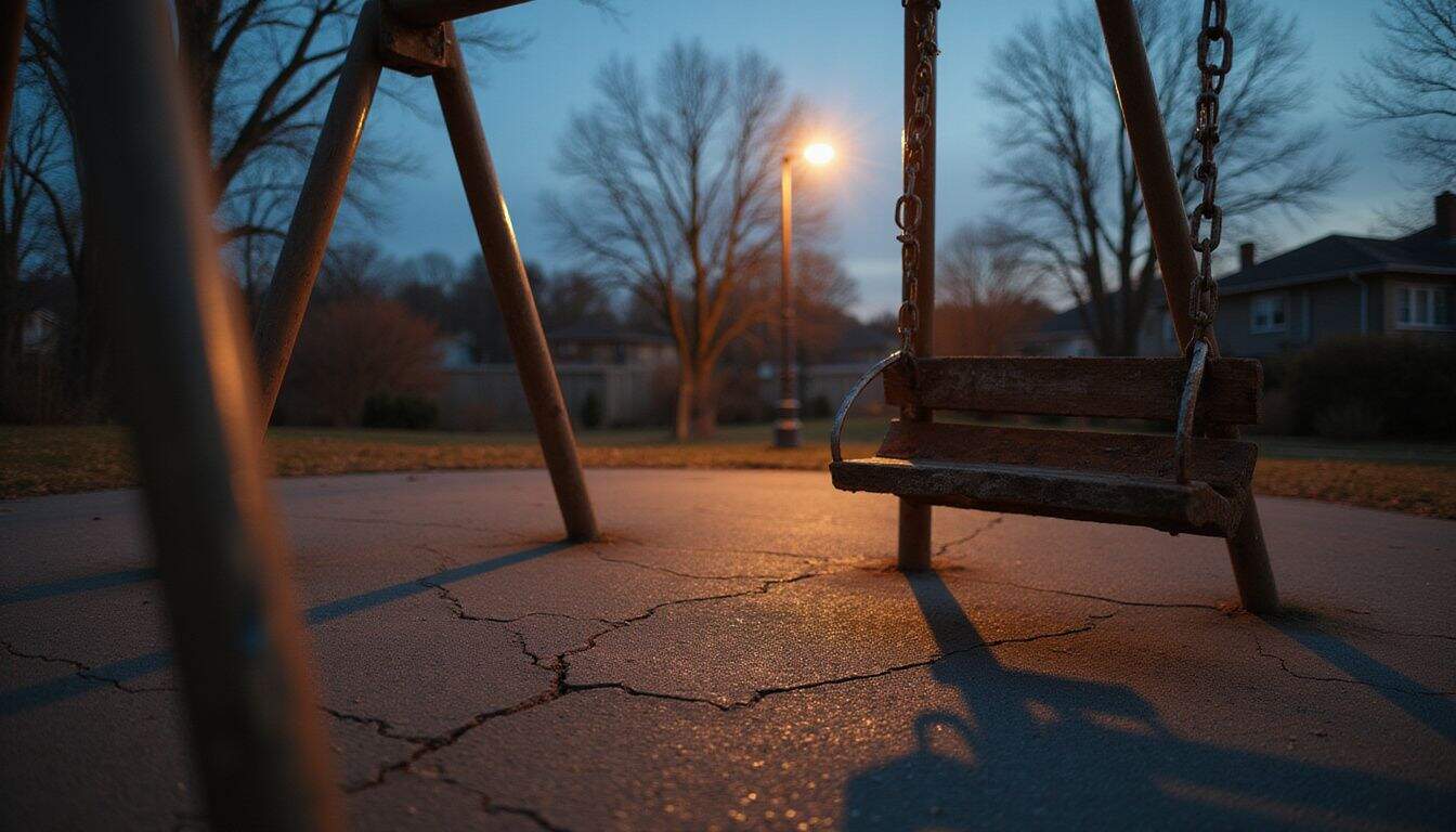 An empty playground at dusk exhibits weathered equipment and a sense of nostalgic solitude. An empty playground at dusk exhibits weathered equipment and a sense of nostalgic solitude.