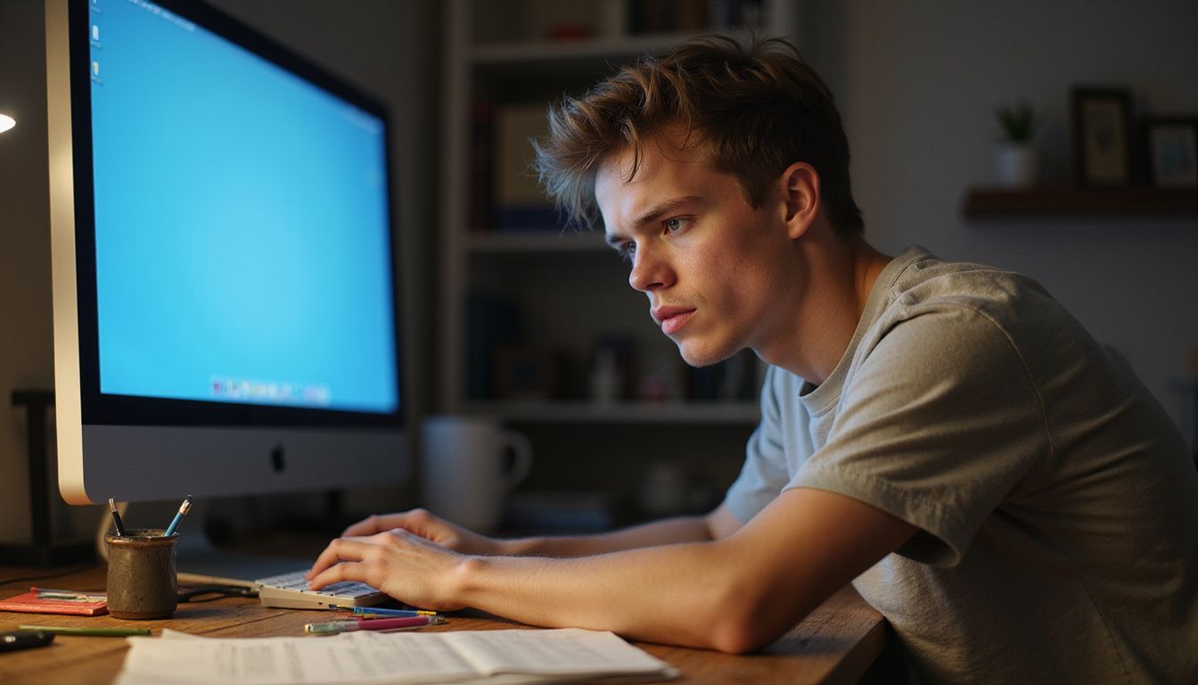 A tired young adult sits at a cluttered desk, working late into the evening. A tired young adult sits at a cluttered desk, working late into the evening.