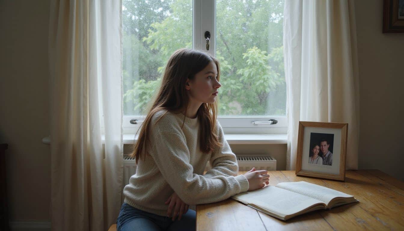 A 13-year-old girl sits at a desk, studying while gazing thoughtfully out a rain-speckled window. A 13-year-old girl sits at a desk, studying while gazing thoughtfully out a rain-speckled window.