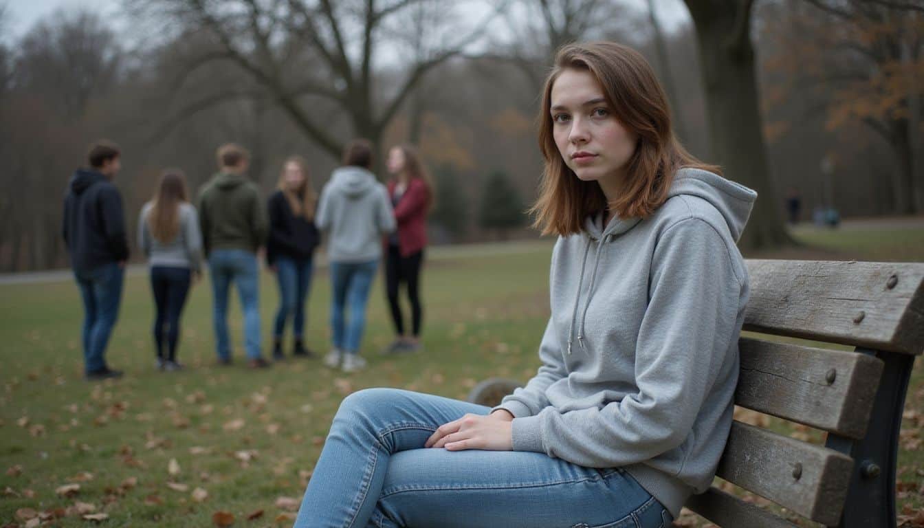 A teenage girl sits alone on a park bench, looking melancholic while surrounded by a group of laughing teenagers. A teenage girl sits alone on a park bench, looking melancholic while surrounded by a group of laughing teenagers.
