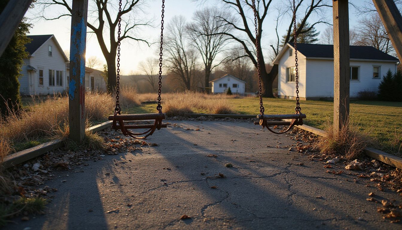 An abandoned playground with overgrown weeds, rusted swings, and weathered play structures under the setting sun. An abandoned playground with overgrown weeds, rusted swings, and weathered play structures under the setting sun.