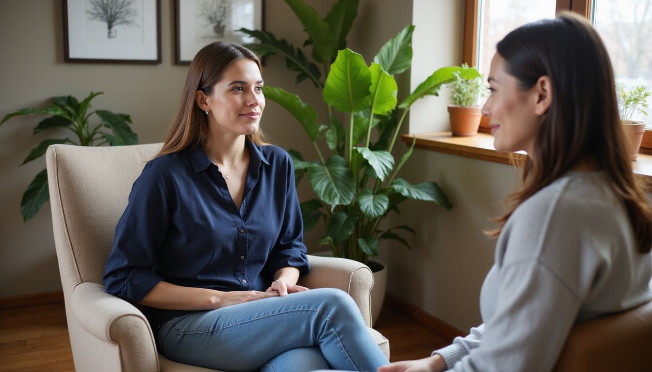 A woman in therapy session with a therapist in a warm, inviting room. A woman in therapy session with a therapist in a warm, inviting room.