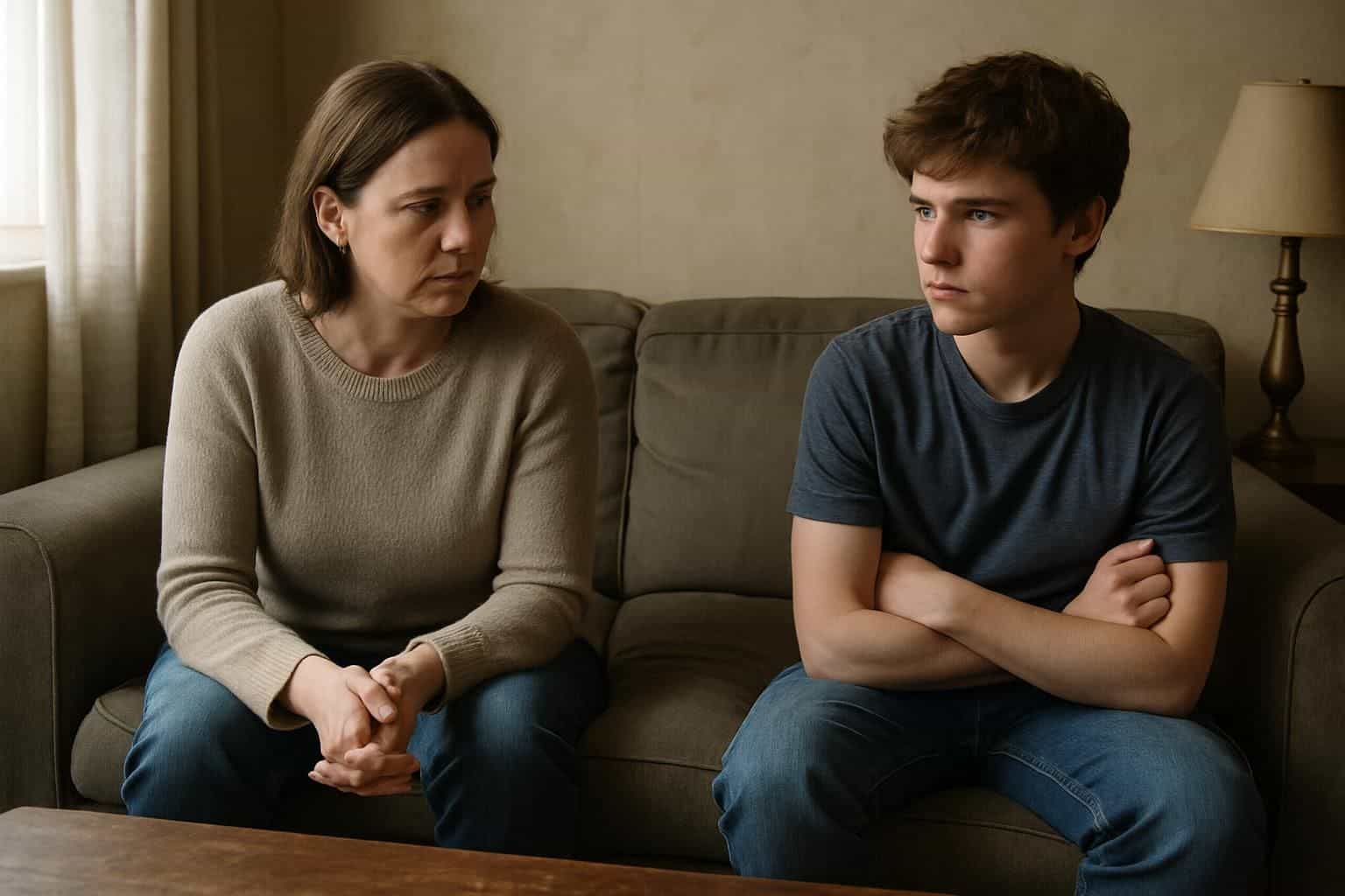A mother and her teenage son sit on a worn couch, expressing tension and frustration in a modest living room. A mother and her teenage son sit on a worn couch, expressing tension and frustration in a modest living room.