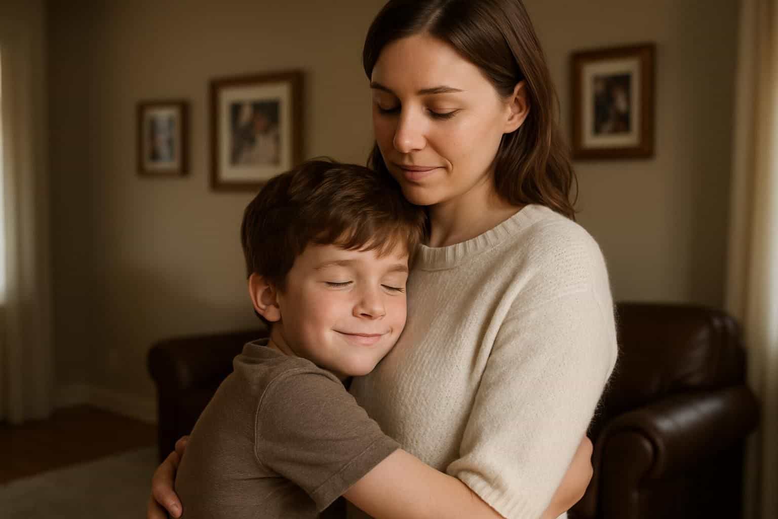 An eight-year-old boy embraces his mother in a warmly lit, clutter-free living room filled with family photos. An eight-year-old boy embraces his mother in a warmly lit, clutter-free living room filled with family photos.