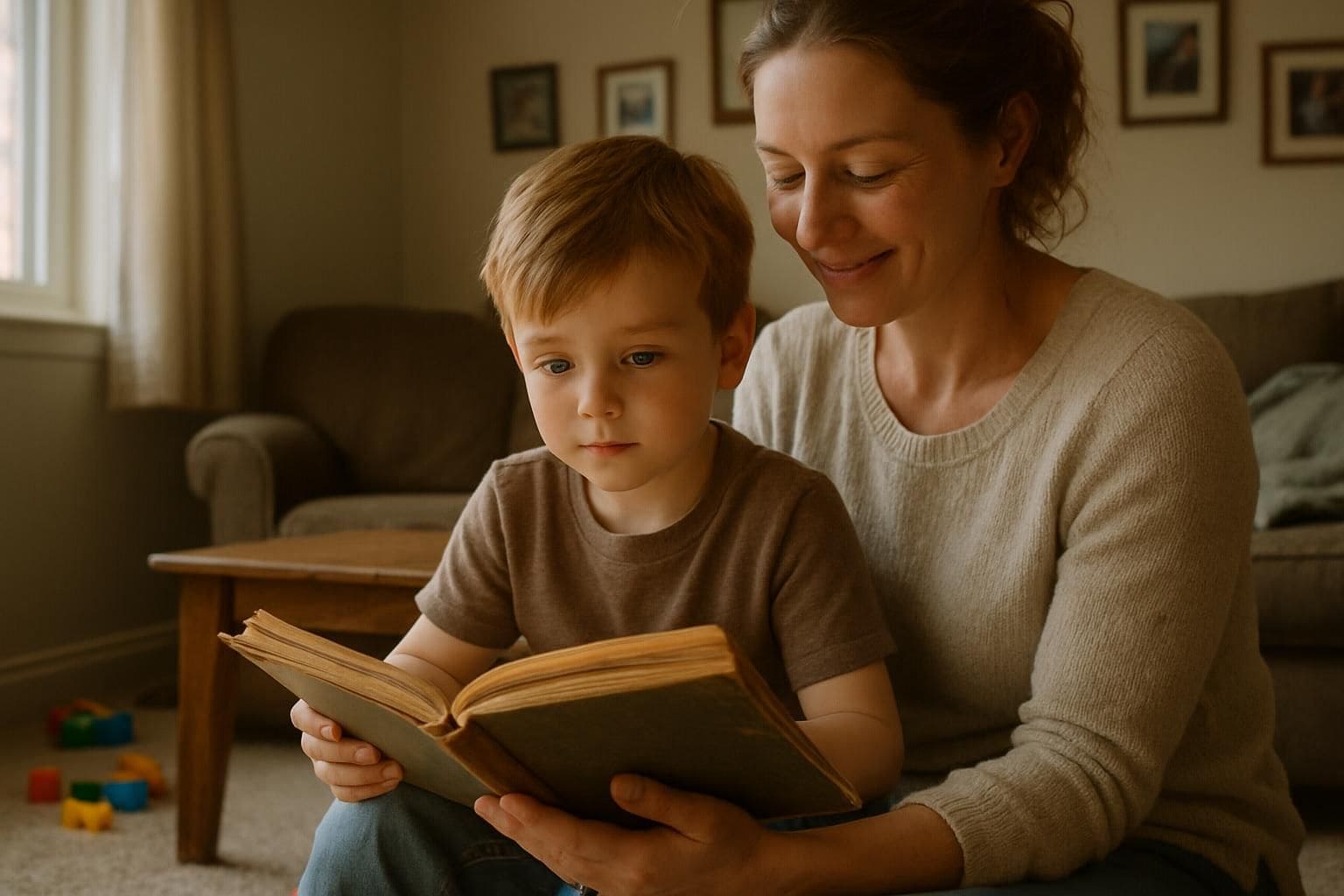 A mother reads a story to her young son in a cozy, lived-in living room. A mother reads a story to her young son in a cozy, lived-in living room.
