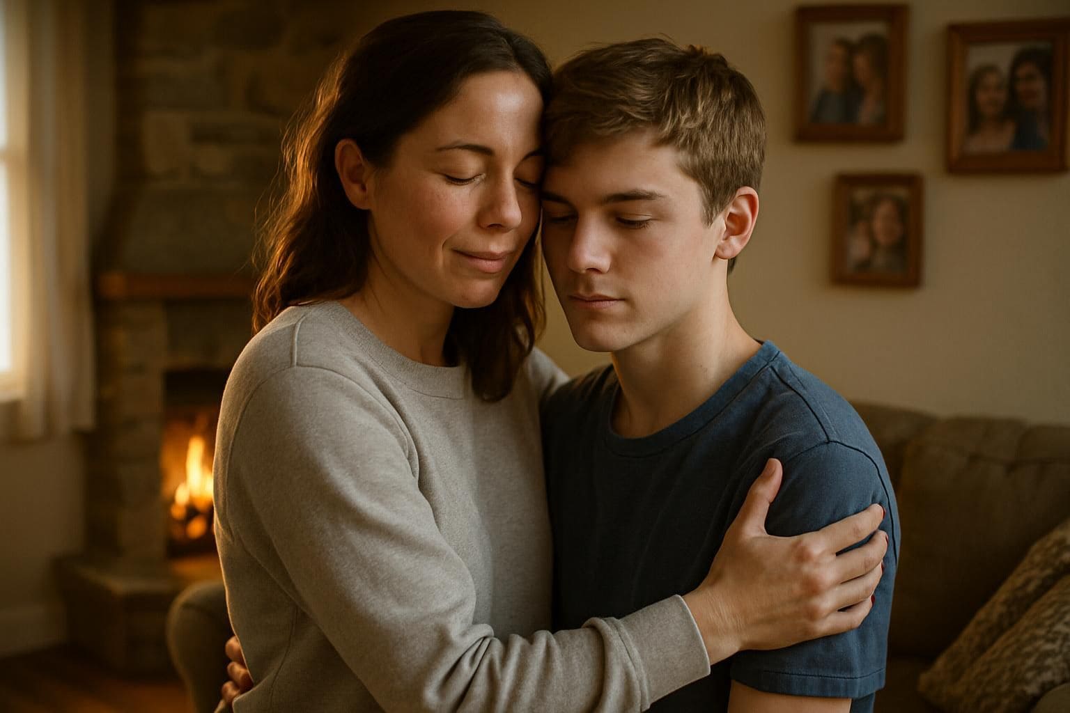 A mother and her teenage son share a tender embrace in a warmly lit living room. A mother and her teenage son share a tender embrace in a warmly lit living room.