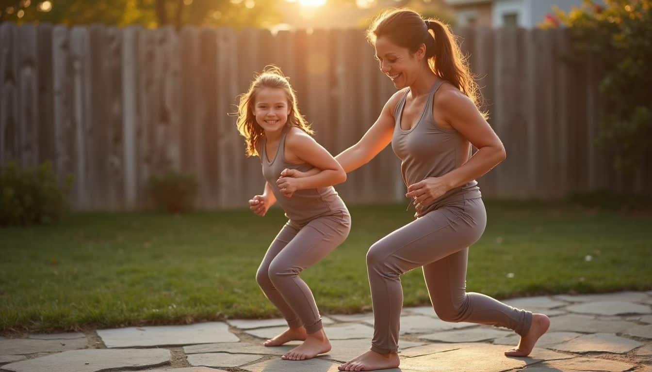 A mother and daughter exercise together in their backyard, wearing matching workout outfits. A mother and daughter exercise together in their backyard, wearing matching workout outfits.