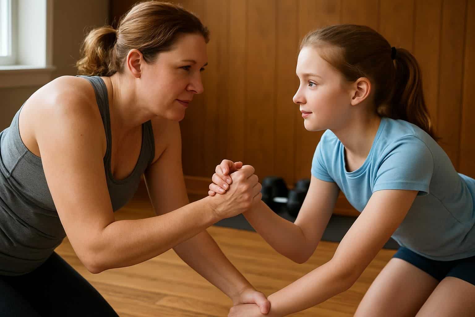 A mother and daughter exercise together in a warmly lit home gym, displaying synchronized effort and determination. A mother and daughter exercise together in a warmly lit home gym, displaying synchronized effort and determination.