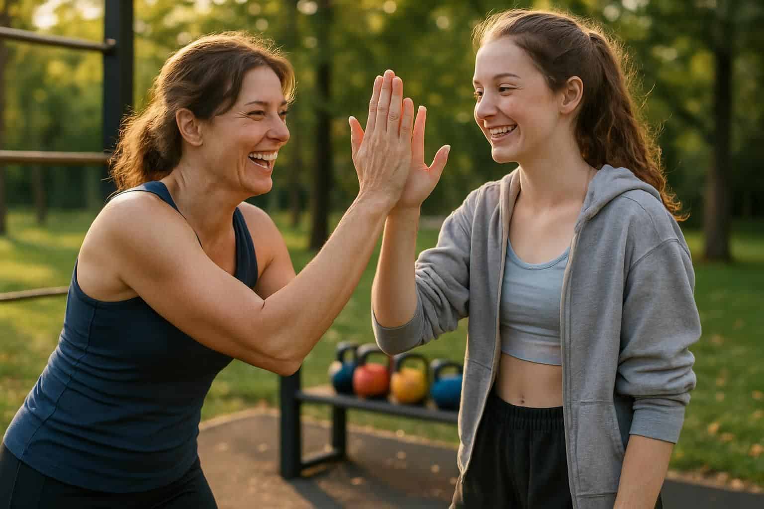 A mother and her teenage daughter celebrate together at a fitness park in golden-hour sunlight. A mother and her teenage daughter celebrate together at a fitness park in golden-hour sunlight.