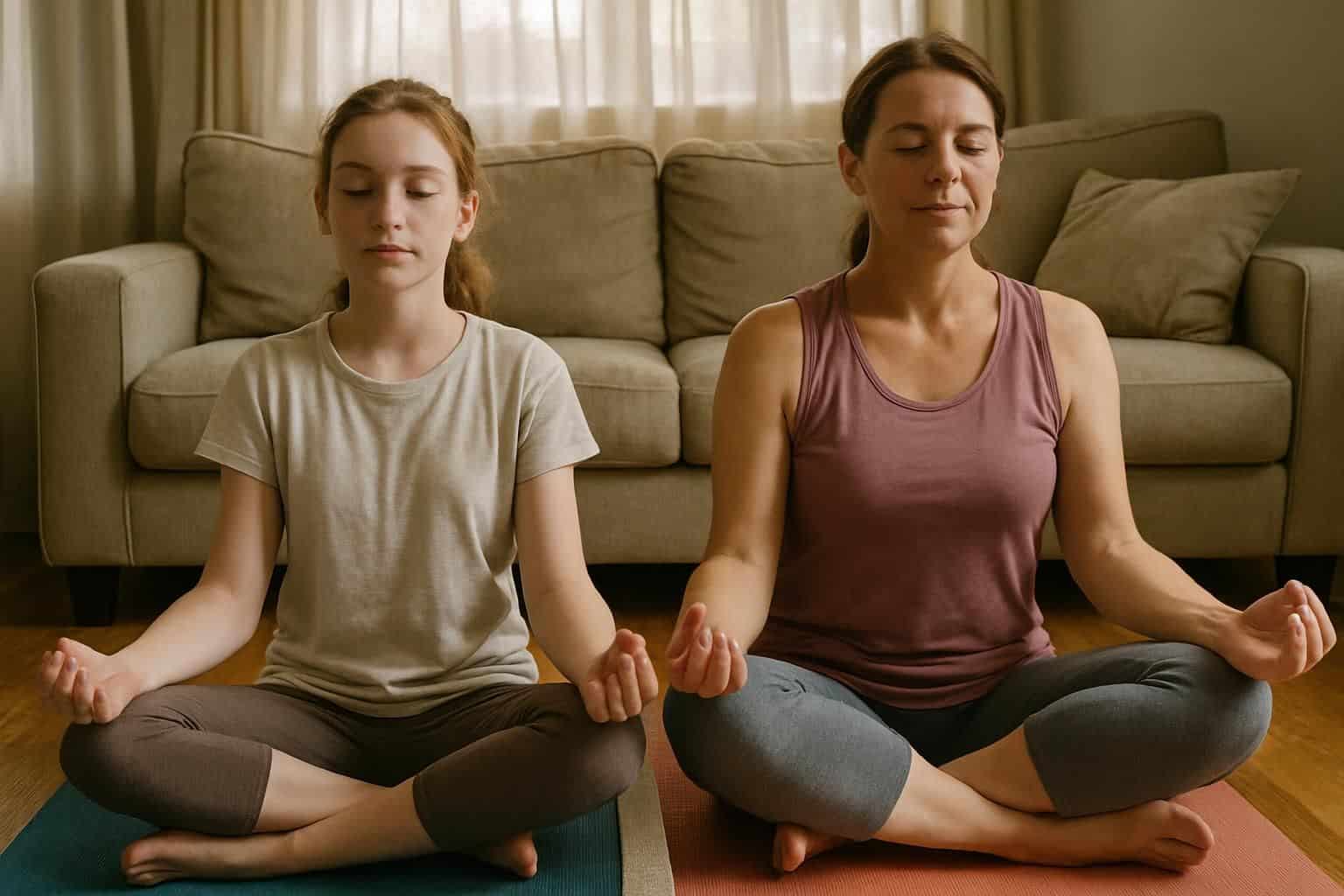 A mother and her teenage daughter practice yoga together in their warmly lit living room. A mother and her teenage daughter practice yoga together in their warmly lit living room.