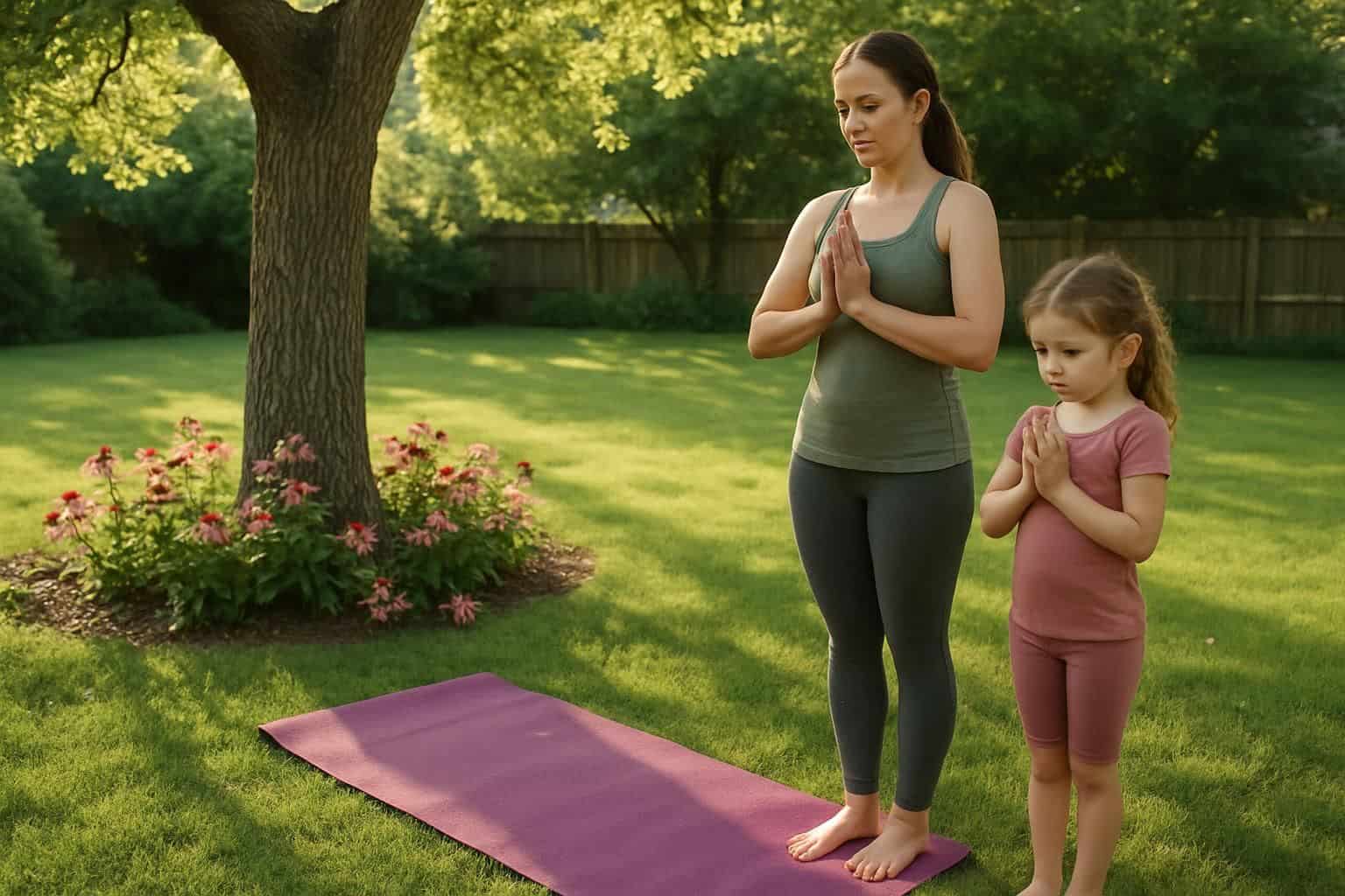 A mother and daughter prepare for a yoga session in a sunlit backyard with lush greenery and blooming flowers. A mother and daughter prepare for a yoga session in a sunlit backyard with lush greenery and blooming flowers.