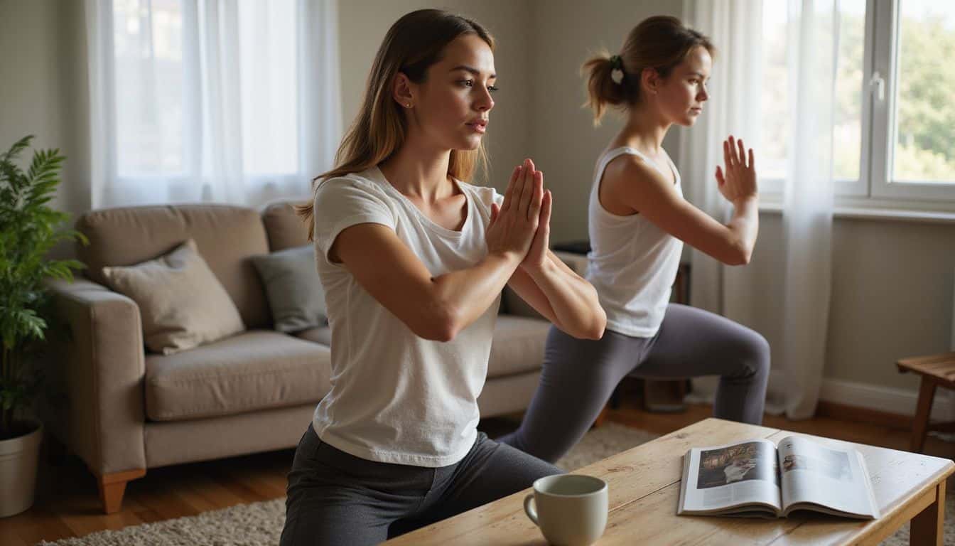 A mother and daughter exercise together in their cozy living room, showing dedication and familial bond. A mother and daughter exercise together in their cozy living room, showing dedication and familial bond.