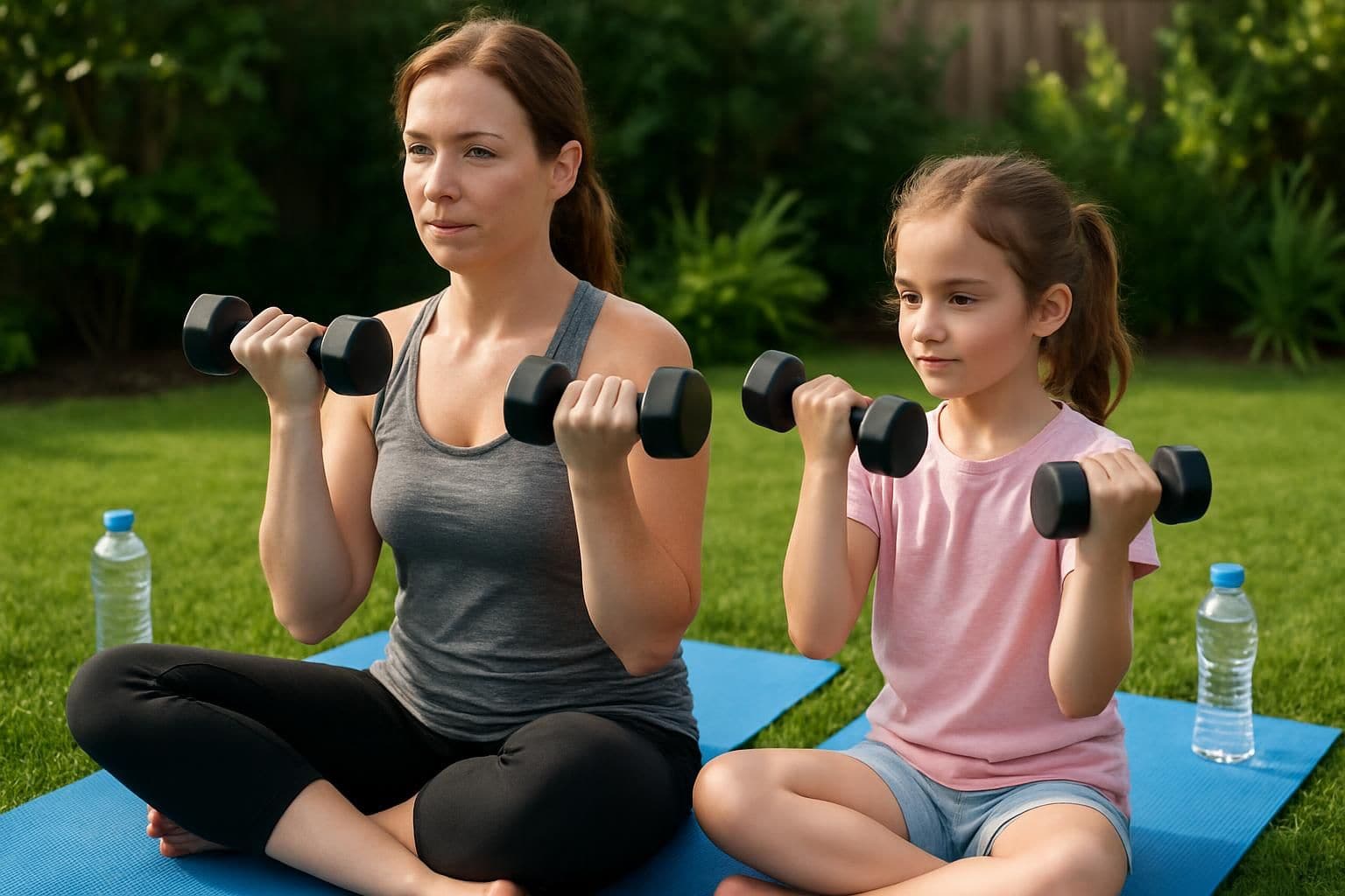 A mother and her daughter workout together in their backyard, surrounded by vibrant greenery. A mother and her daughter workout together in their backyard, surrounded by vibrant greenery.