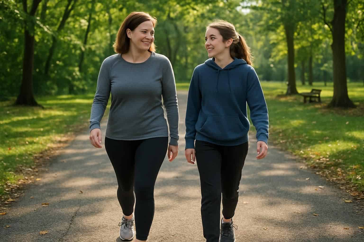 A mother and daughter are walking together in a lush park wearing workout gear. A mother and daughter are walking together in a lush park wearing workout gear.
