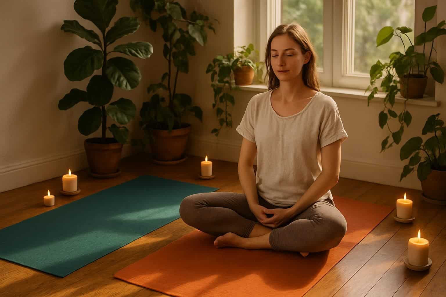A serene yoga and meditation corner with two colorful mats, lush plants, and candles for a tranquil atmosphere. A serene yoga and meditation corner with two colorful mats, lush plants, and candles for a tranquil atmosphere.