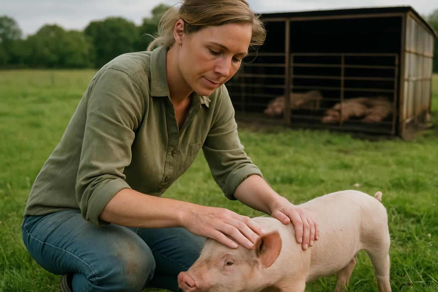 A woman in casual clothes gently interacts with a piglet in a lush pasture, contrasting with a dark, cramped pig pen. A woman in casual clothes gently interacts with a piglet in a lush pasture, contrasting with a dark, cramped pig pen.