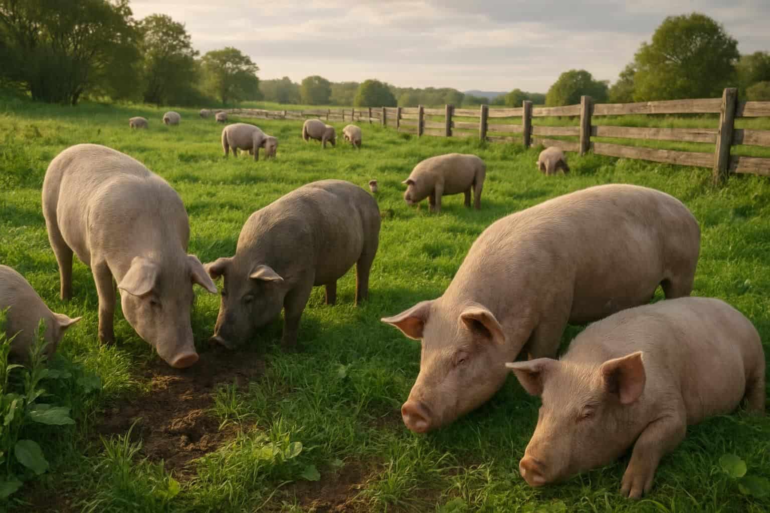 A sprawling, pasture-raised pig farm in 2025 with healthy, freely roaming pigs and lush, vibrant green grass. A sprawling, pasture-raised pig farm in 2025 with healthy, freely roaming pigs and lush, vibrant green grass.