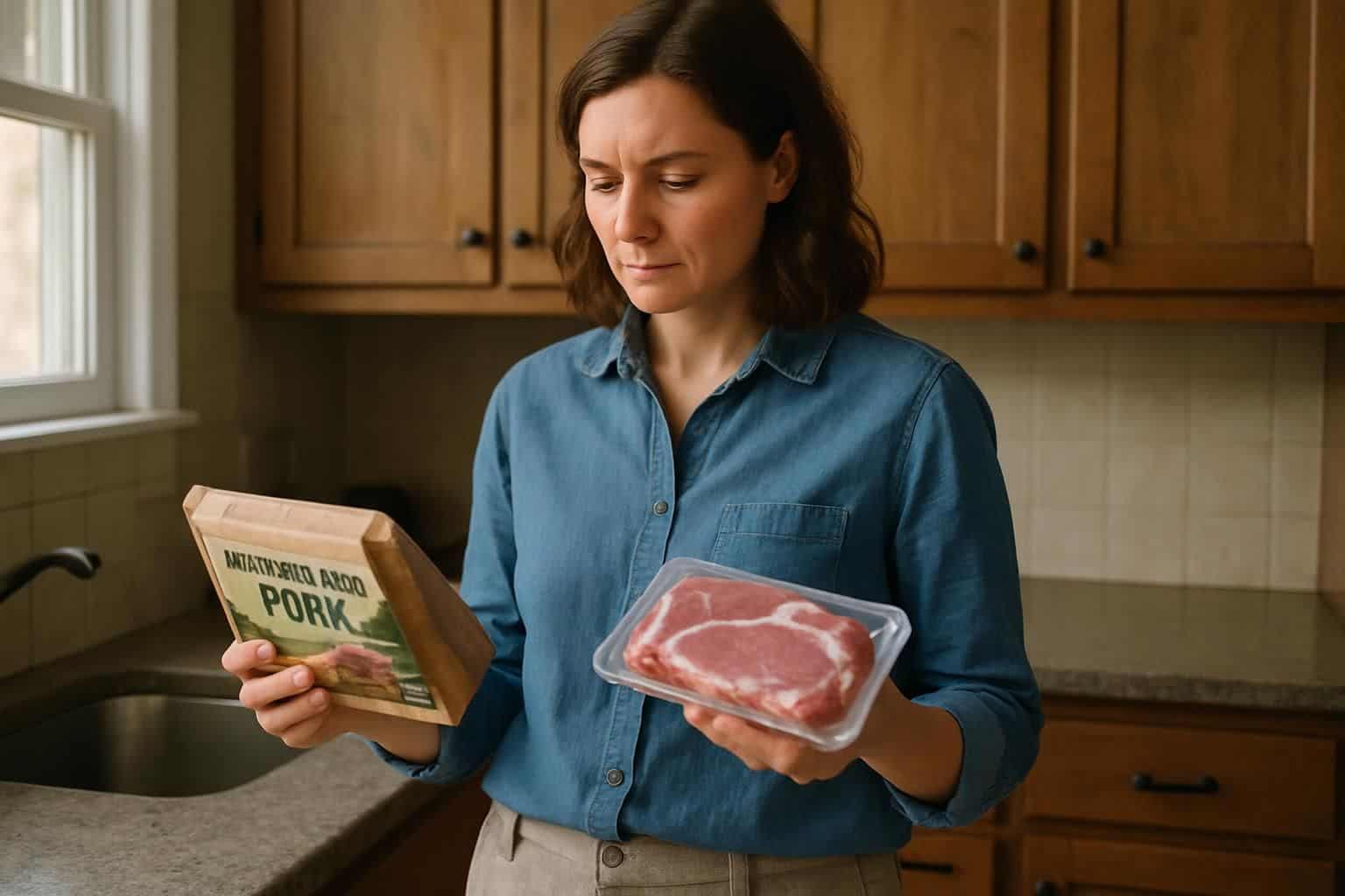 A woman examines two different meat packages in a rustic kitchen. A woman examines two different meat packages in a rustic kitchen.