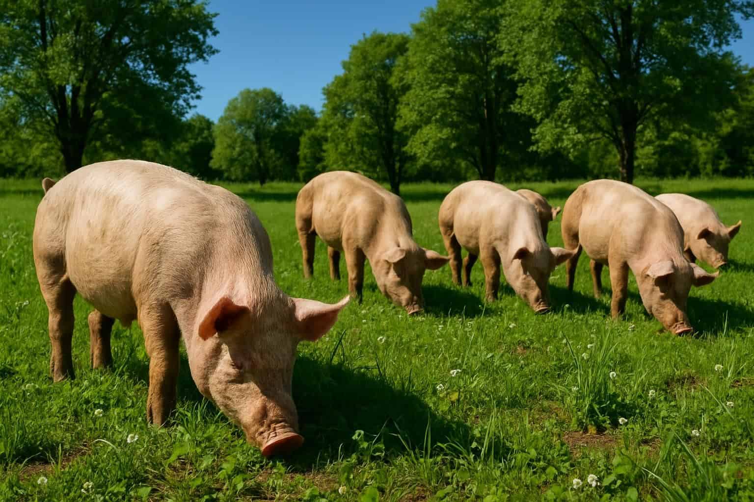 A group of pigs forage in a sunlit, lush green pasture under a clear blue sky. A group of pigs forage in a sunlit, lush green pasture under a clear blue sky.