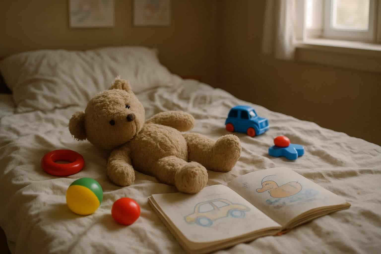 A well-loved teddy bear and scattered toys on a child's rumpled bed. A well-loved teddy bear and scattered toys on a child's rumpled bed.